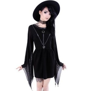 Black Long Sleeve Gothic Mini Dress with Sheer Bell Sleeves